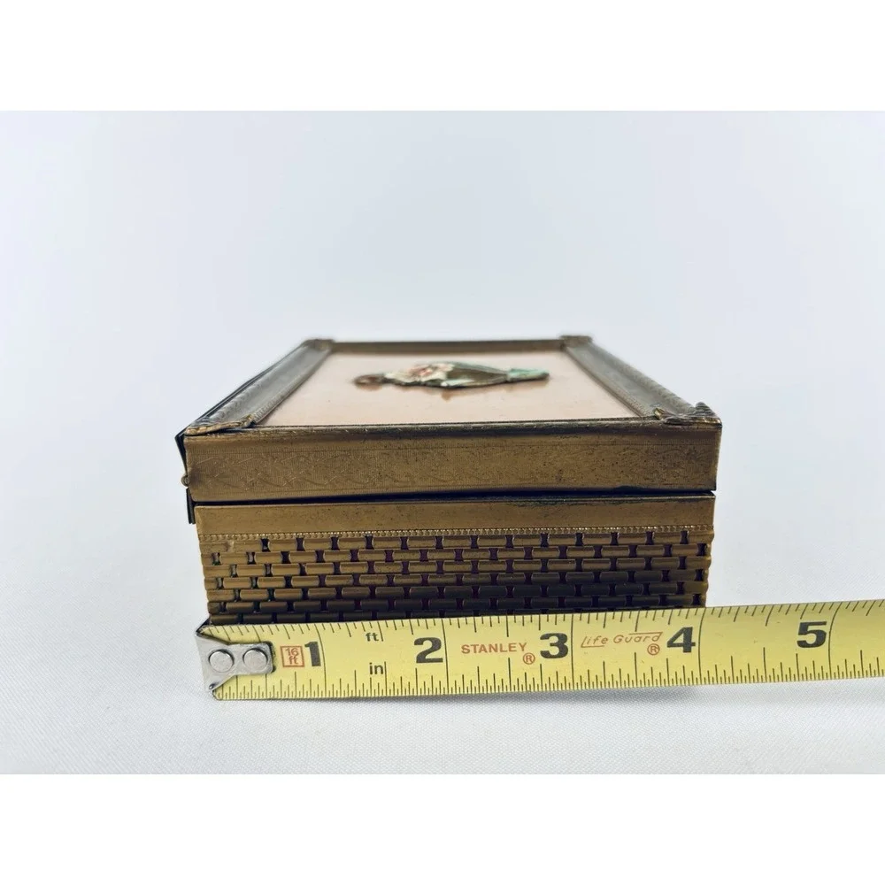 Vintage Metal Brass Jewelry Box With Floral Insert - Trinket Keeper